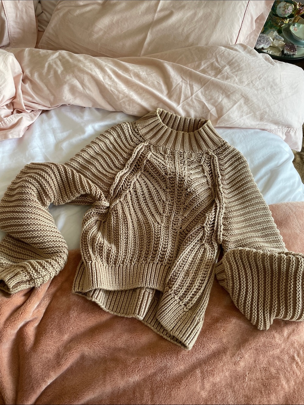 Free People Cropped Cable-Tuck Mock Neck Sweater - Camel. Small. - Picture 5 of 5